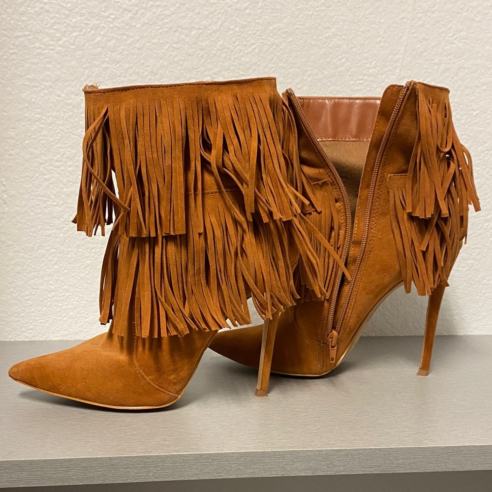 Fringed Tan High Heel Boots - Picture 4 of 4